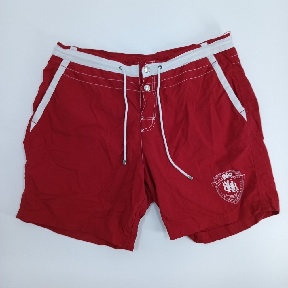 Hugo Boss Mens Red Swim Trunks Board Shorts Crest Logo Mesh Lined Size Large